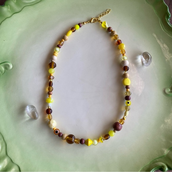 Amber Waves Brown & Yellow Beaded Necklace Mixed Beads Evil Eye Wood Glass Gold - Picture 3 of 9